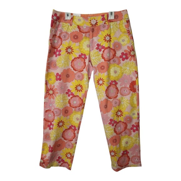 💕Izod Cropped Pants Women 4w Plus Pink Floral Flat Front High Rise Cotton Cas - Picture 1 of 4